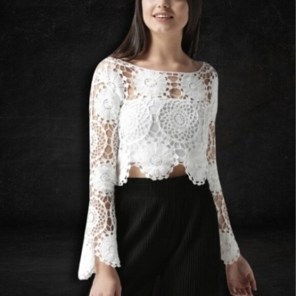 Forever 21 Crochet Top Bell Sleeves Lace Floral Off White Small - Picture 1 of 11